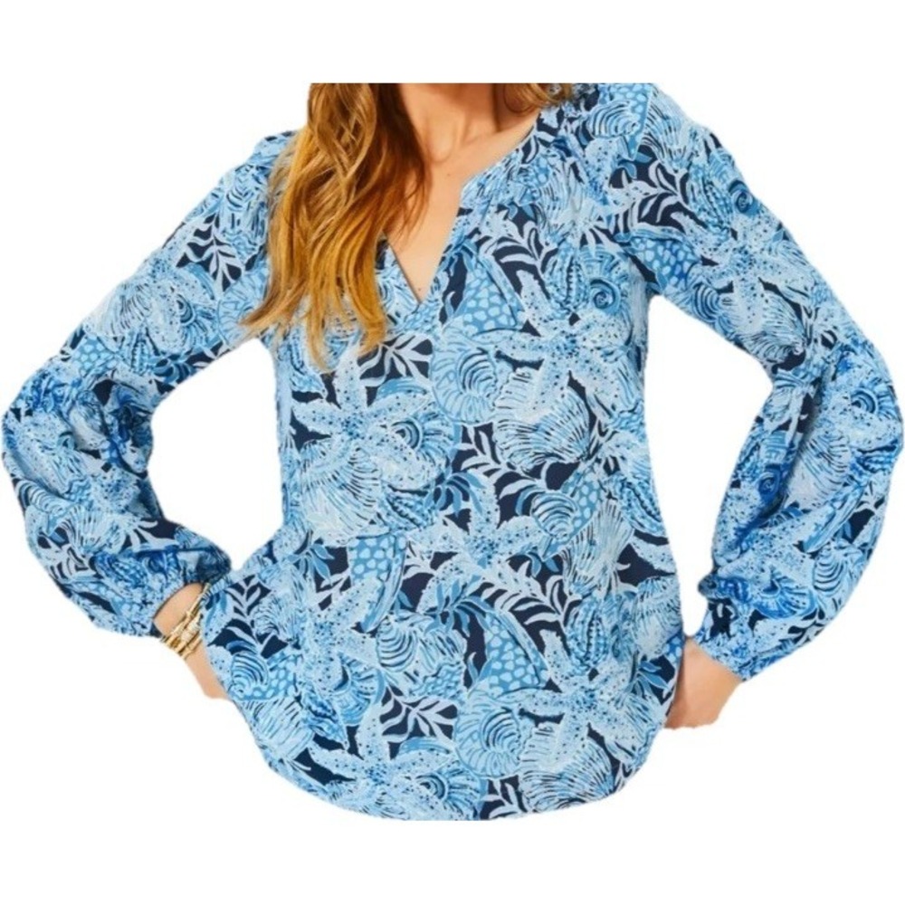 Lilly Pulitzer Sullivan Top Blouse Bonaire Blue Coastal Constellation XL $128